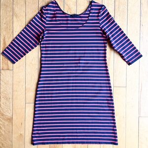 SAINT JAMES Propriano Navy and Coral Striped Nautical 3/4 Sleeve Dress Size 8